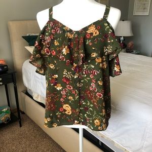Moa Moa Sz Large Green floral Cold Shoulder Top